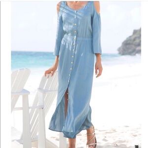 Soft Surroundings Bridgette‎ Cold Shoulder High Low Blue Button-Down Dress SZ M